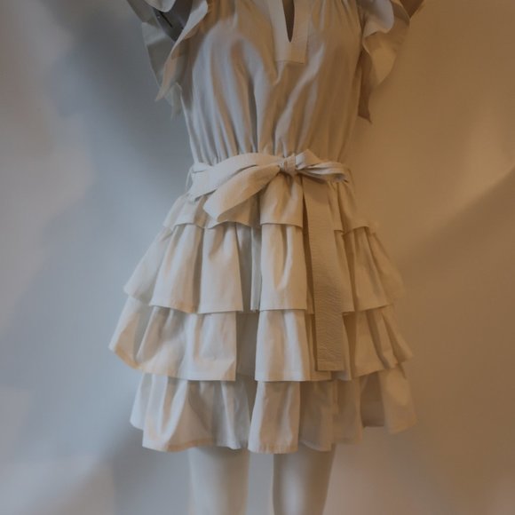 Womens Ulla Johnson Honoria White Ruffle Tiered Mini Split Neck Belted Dress 10* - Picture 9 of 16